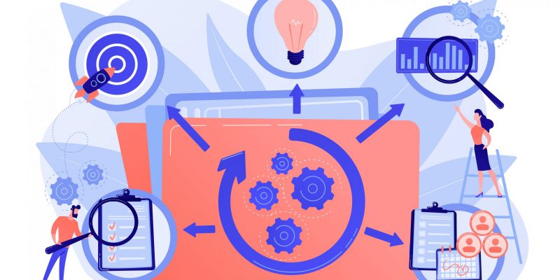 KPI and task management. Workflow optimization. Project life cycle, successful project management, stages of project completion concept. Pink coral blue vector isolated illustration
