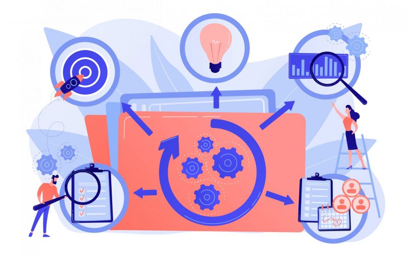 KPI and task management. Workflow optimization. Project life cycle, successful project management, stages of project completion concept. Pink coral blue vector isolated illustration