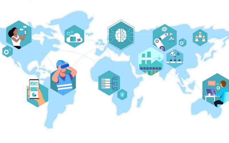 Cyber Physical Systems and cognitive computing on world map, concept Infographic of industry 4.0. vector illustration